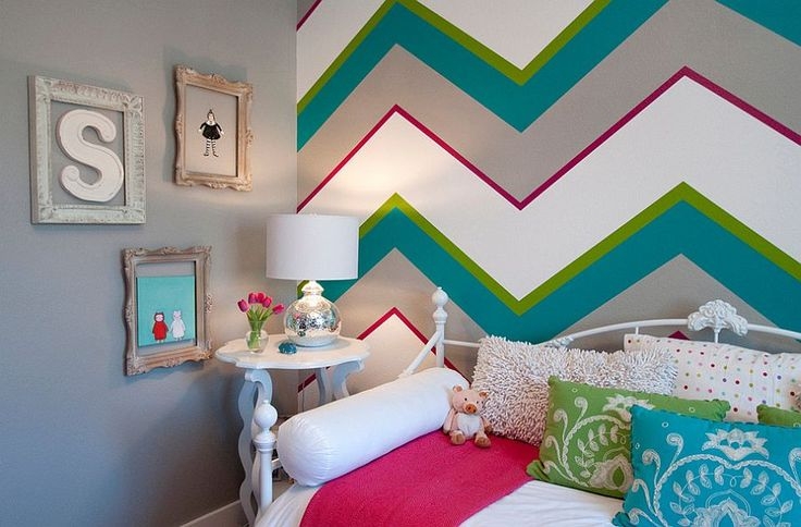 White Metal Daybed against Bold Chevron Accent Wall Bedroom