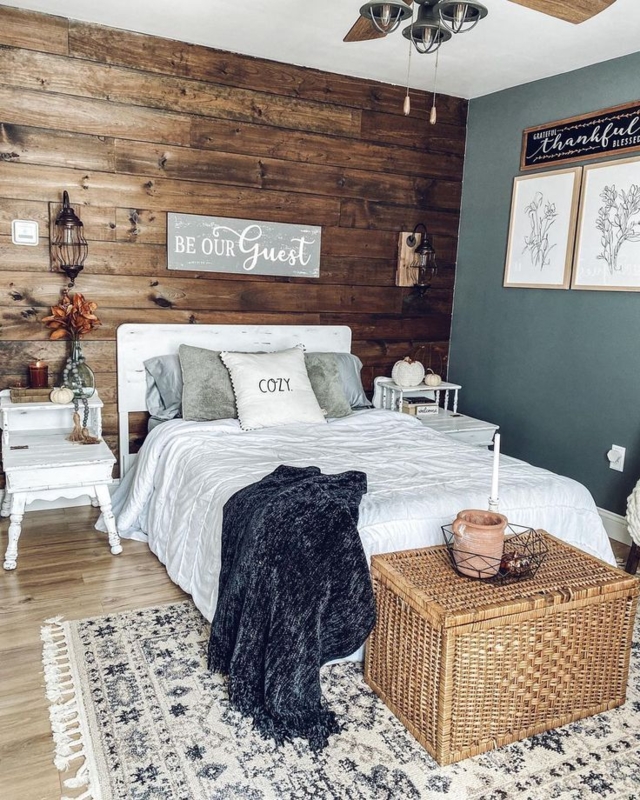 White Panel Bed with Teal and Wood Contrast and Wicker Chest