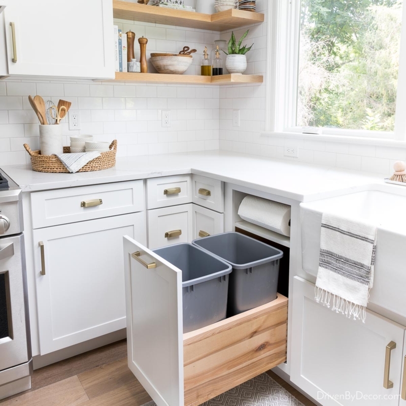 White Pull-Out Trash Can Cabinet with Dual Bins & Paper Towel Niche