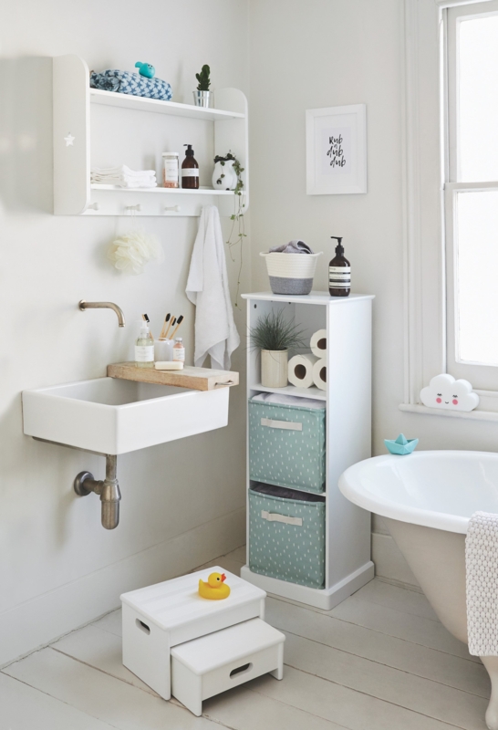 White Scandinavian Style Bathroom Organization Shelving with Wall Hooks