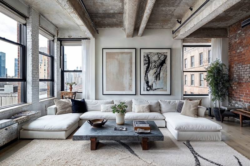 White Sectional Sofa in Industrial Loft with Stone Coffee Table