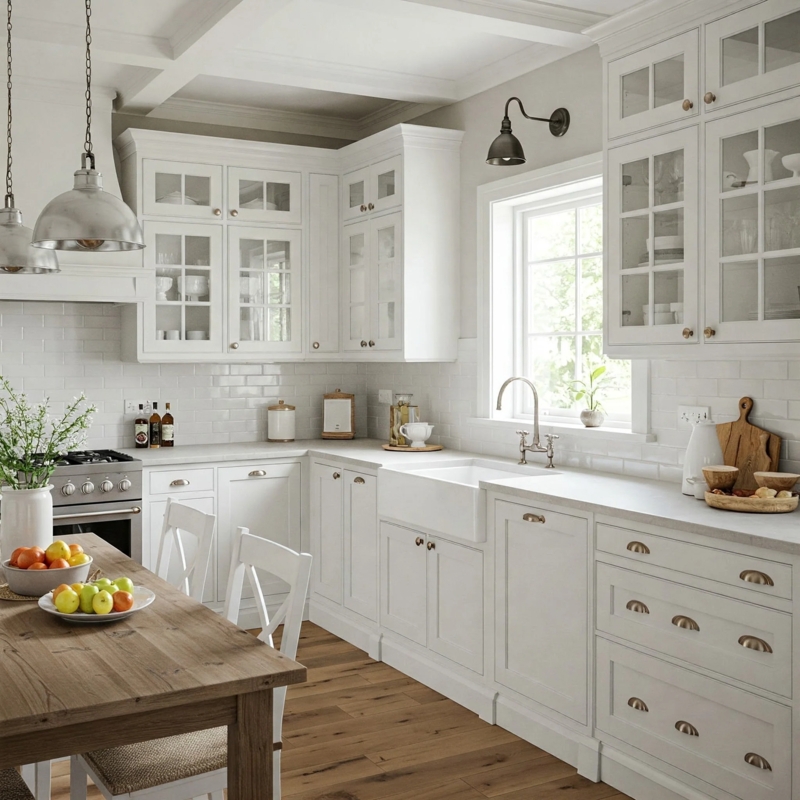 White Shaker Cabinets with Glass and Coffered Ceiling