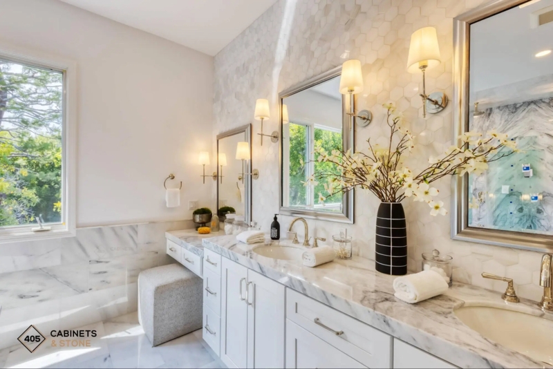 White Shaker Double Vanity with Integrated Makeup Desk