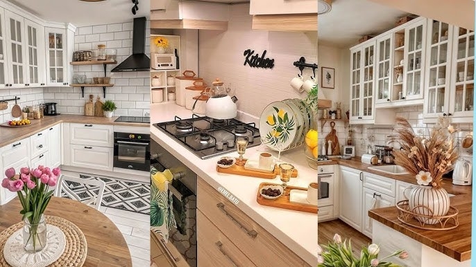 White Shaker Kitchen Design with Wood Countertops & Glass Front Doors
