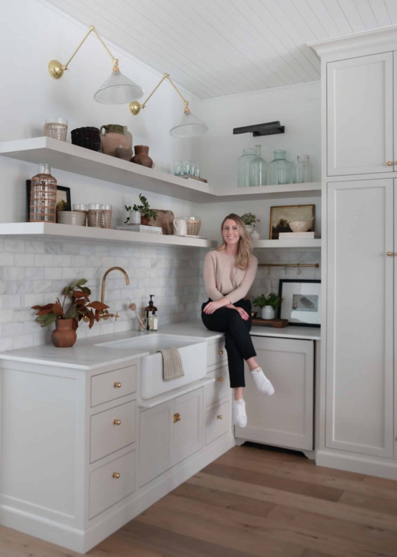 White Shaker Pantry Niche with Brass Accents & Marble Subway Tile