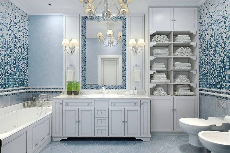 White Shaker Vanity and Floor-to-Ceiling Cabinet on Blue Mosaic Walls