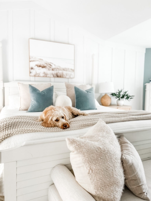White Slatted Bed against Vertical Board and Batten Wall