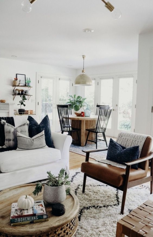 White Slipcovered Sofa Styling with Navy Accents and High Pile Rug