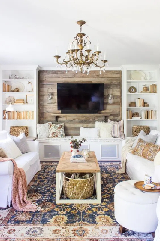 White Sofas in Eclectic Living Room with Wood Paneled Accent Wall