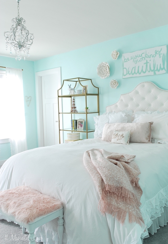 White Tufted Bed in Glam Mint Green Bedroom with Gold Etagere