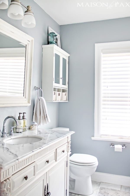 White Vanity with Marble Top: Light Blue Bathroom Paint Ideas