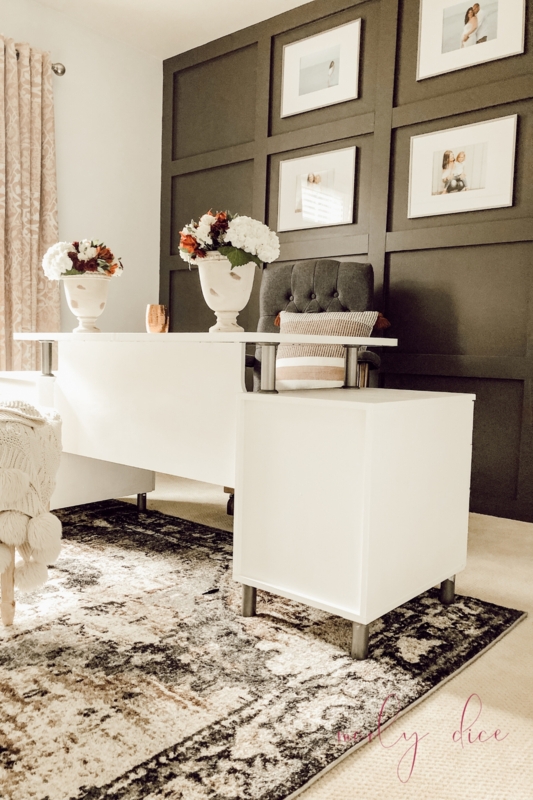White Writing Desk Paired with Tufted Office Chair and Grid Wall