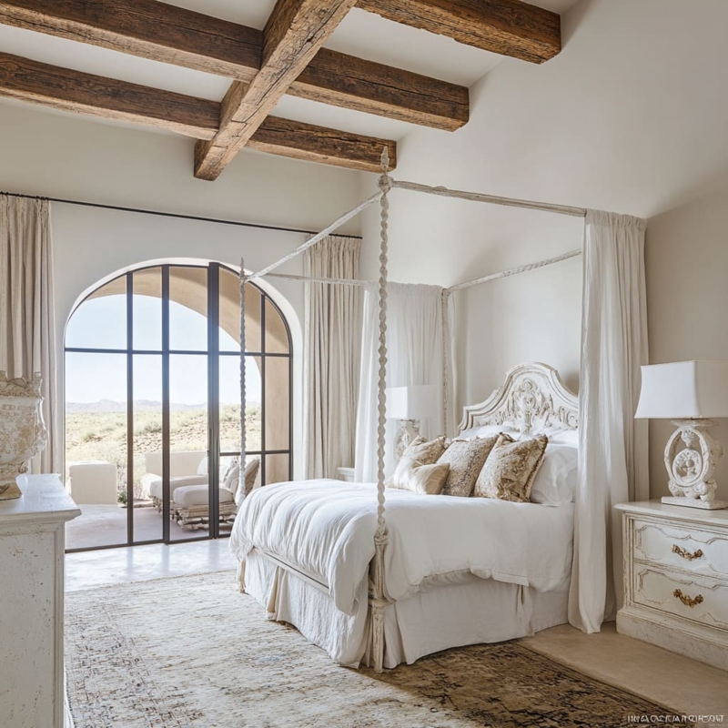 Whitewashed Canopy Bed with Twisted Posts and Exposed Wood Beams