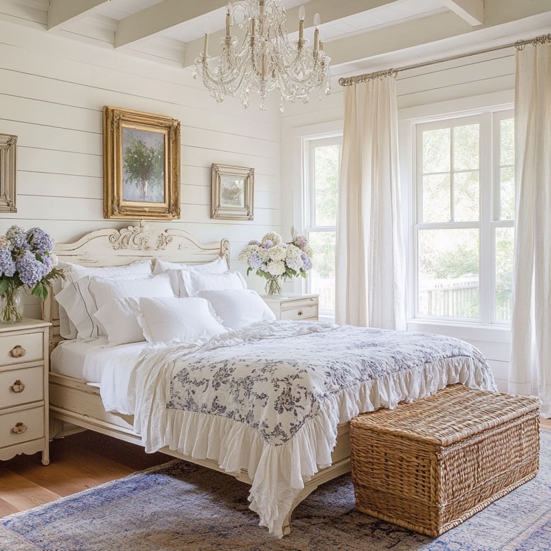 Whitewashed Carved Headboard Bed in French Country Bedroom with Shiplap