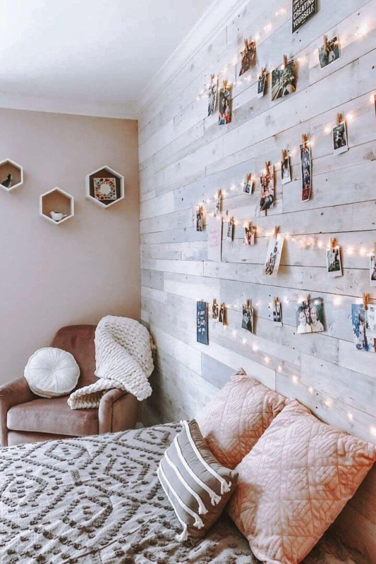 Whitewashed Wood Accent Wall Styling with Cozy Photo String Lights