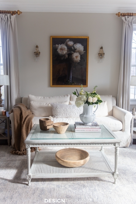 Whitewashed Wood Coffee Table Styling in French Country Living Room