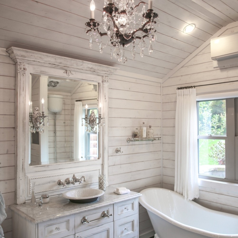 Whitewashed Wood Plank Bathroom with Distressed Vanity