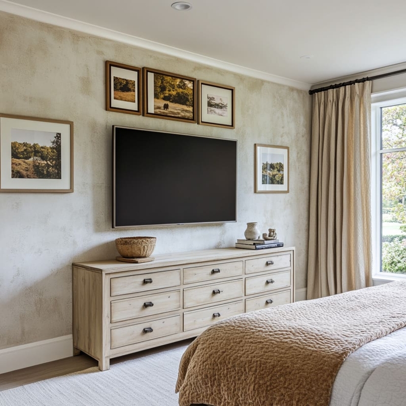 Wide Double Dresser on Mottled Plaster Wall with TV Gallery Layout