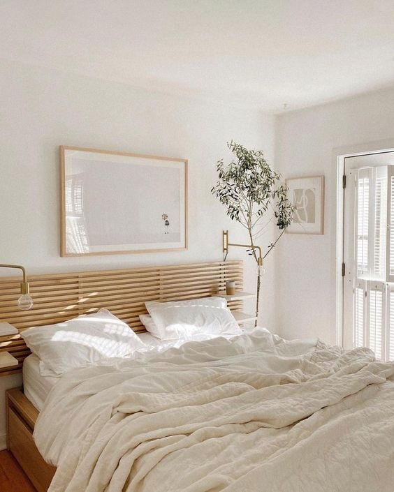 Wide Horizontal Slatted Headboard in Japandi Bedroom