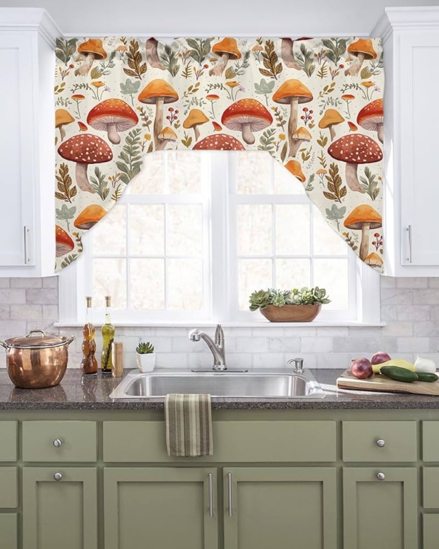Window Valance: Whimsical Mushroom Swag with Cottagecore Kitchen Decor