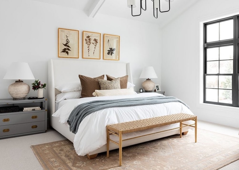 Wingback Bed with Botanical Wall Art Gallery and Woven Bench