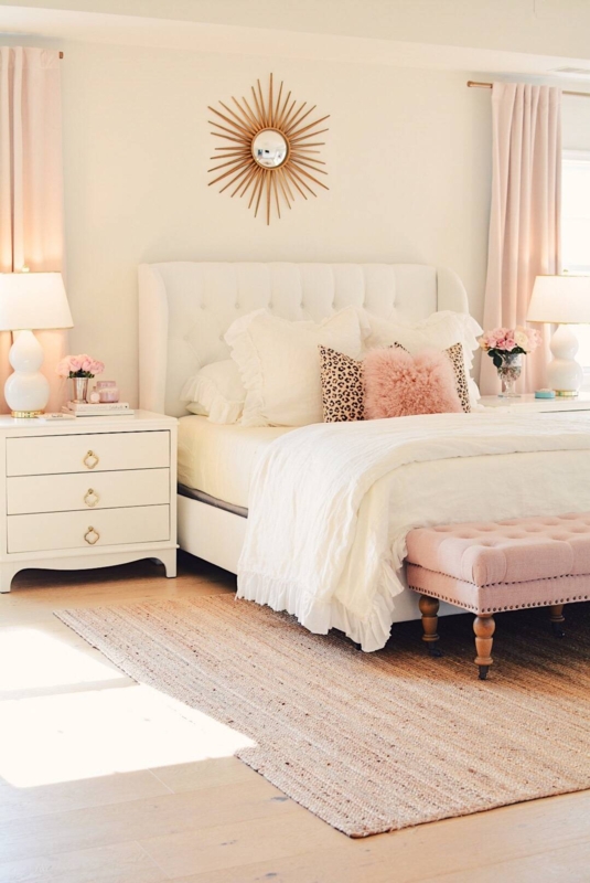 Wingback Bed with Sunburst Mirror and Pink Tufted Bench in Glam Decor