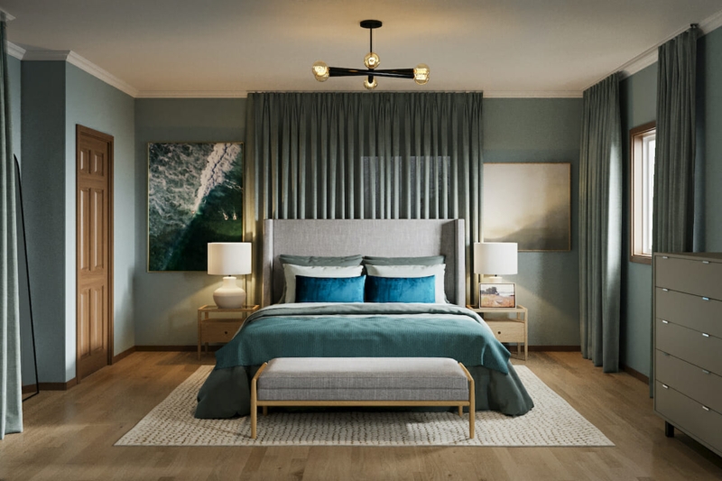Wingback Bed with Teal Walls & Floor-to-Ceiling Curtains