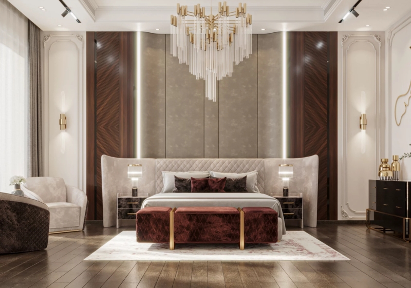 Wingback Upholstered Bed with Burgundy Velvet Bench and Tiered Chandelier