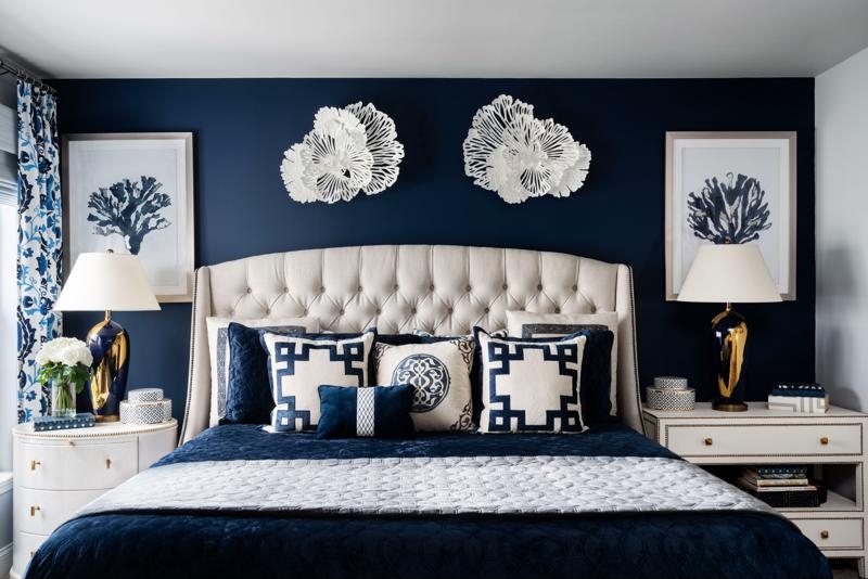 Wingback Upholstered Bed with Coastal Glam Navy Accent Wall Decor