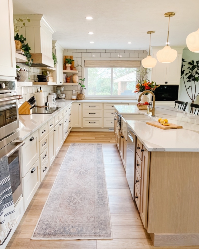 Wood and White Kitchen: Patterned Runner Rug & Fluted Pendants