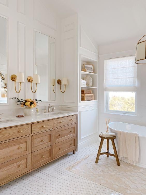 Wood Bathroom Vanity Warm Wood Double Sink, Paneling. Warm White Design.