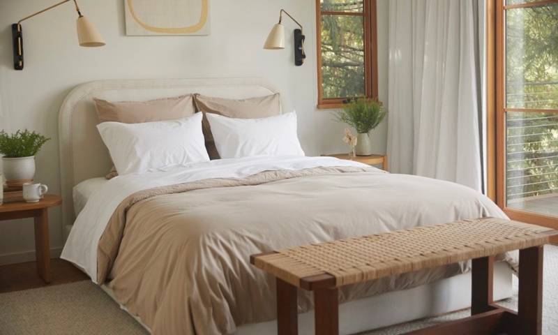 Wood Bedroom Bench with Woven Cord Seat Texture