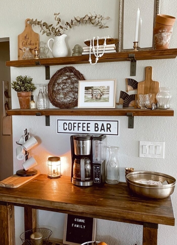 Wood Console Table Coffee Bar With Floating Shelves