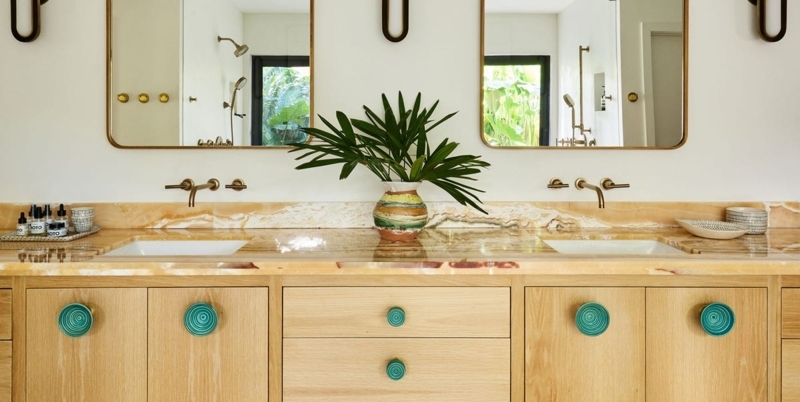 Wood Double Vanity with Veined Stone Top & Unique Teal Knobs
