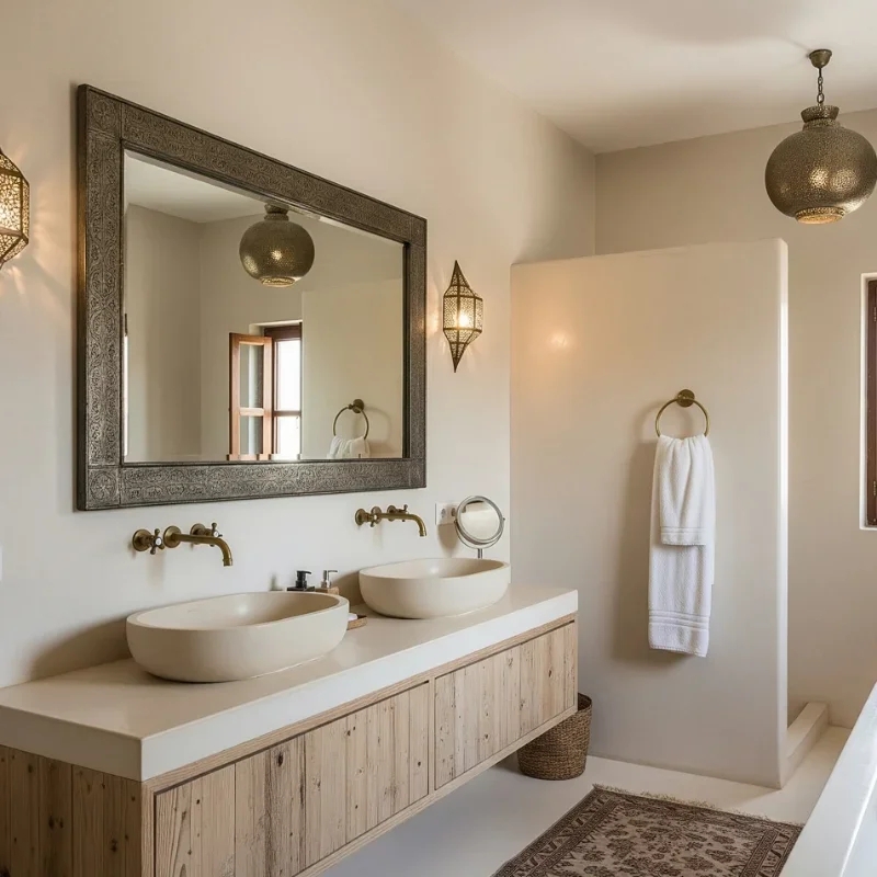 Wood Floating Vanity, Vessel Sinks, Earthy Bathroom with Moroccan Lighting