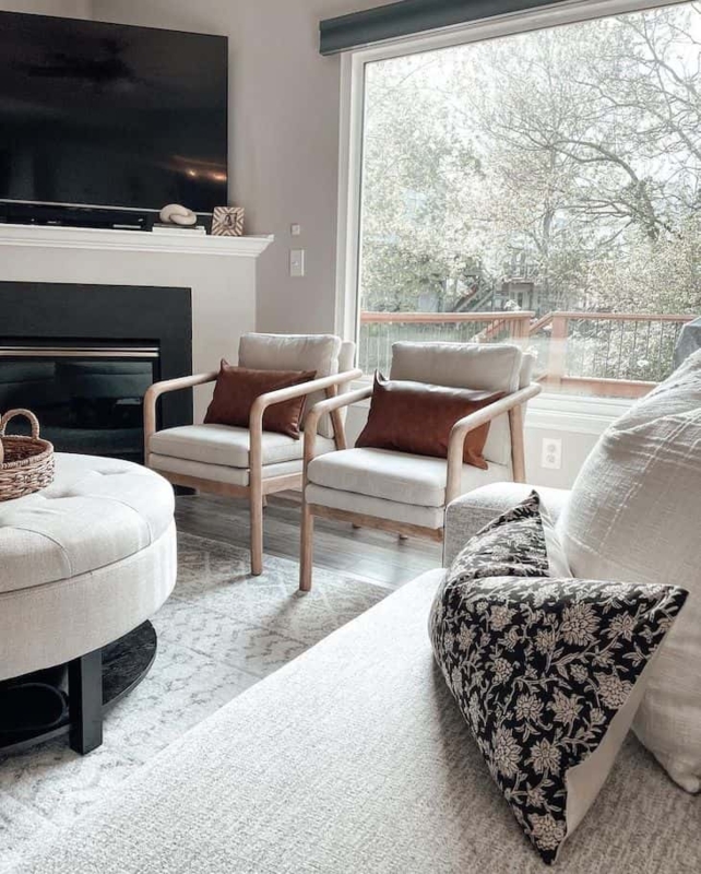 Wood Frame Accent Chairs with Cognac Lumbar Pillows