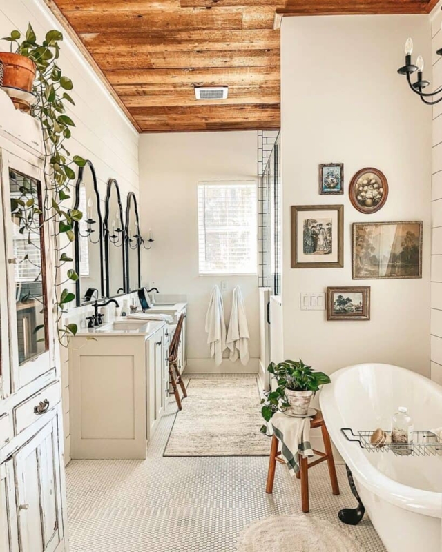 Wood Plank Ceiling in Farmhouse Bathroom with Shiplap