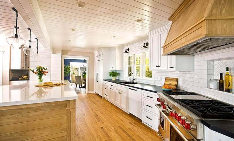 Wood Planked Kitchen Ceiling Ideas with Oversized Wood Range Hood