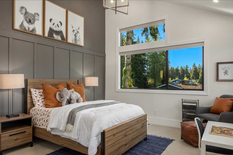 Wood Platform Bed against Grey Board and Batten Bedroom Wall