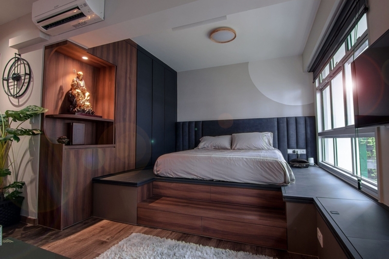 Wood Platform Bed with Integrated Window Bench & Storage