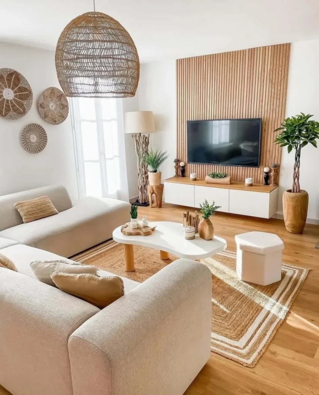 Wood Slat Accent Wall: Modern TV Wall Paneling Design for Japandi Style