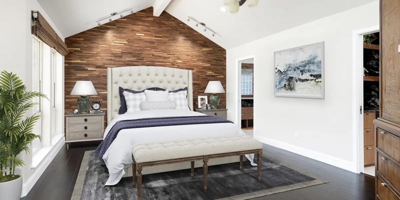 Wood Slat Accent Wall with Tufted Wingback Bed
