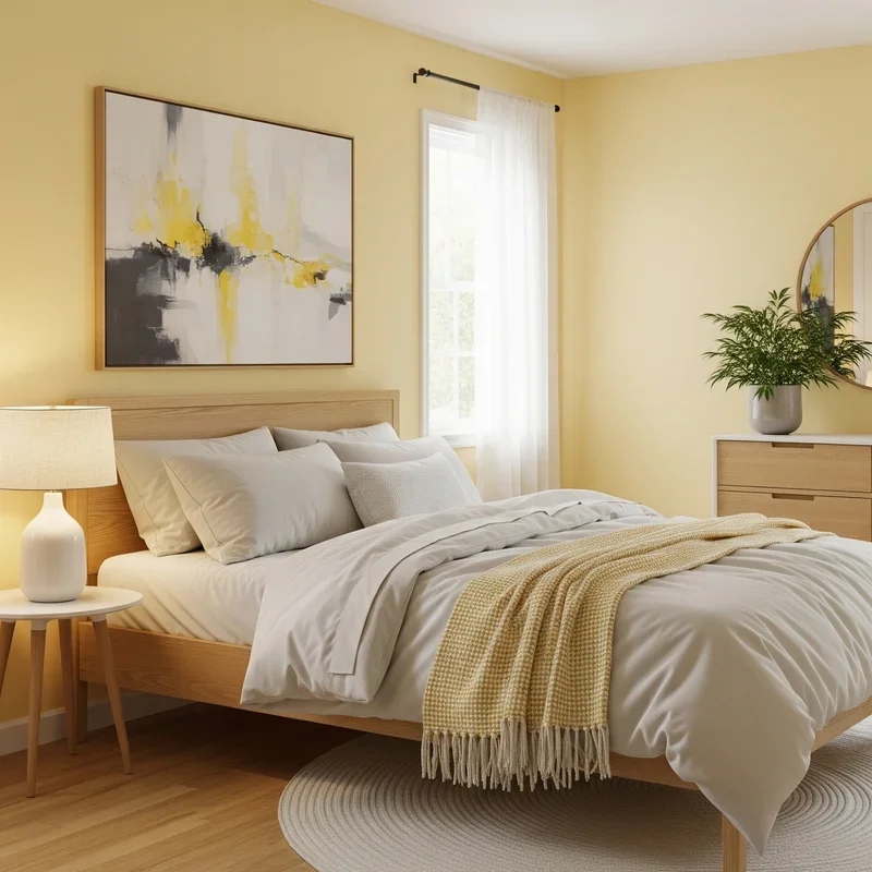 Wood-Toned Platform Bed with Textured Yellow Throw Blanket
