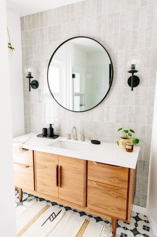 Wood Vanity, Black Round Mirror, Vertical Stack Tile, Bathroom Ideas