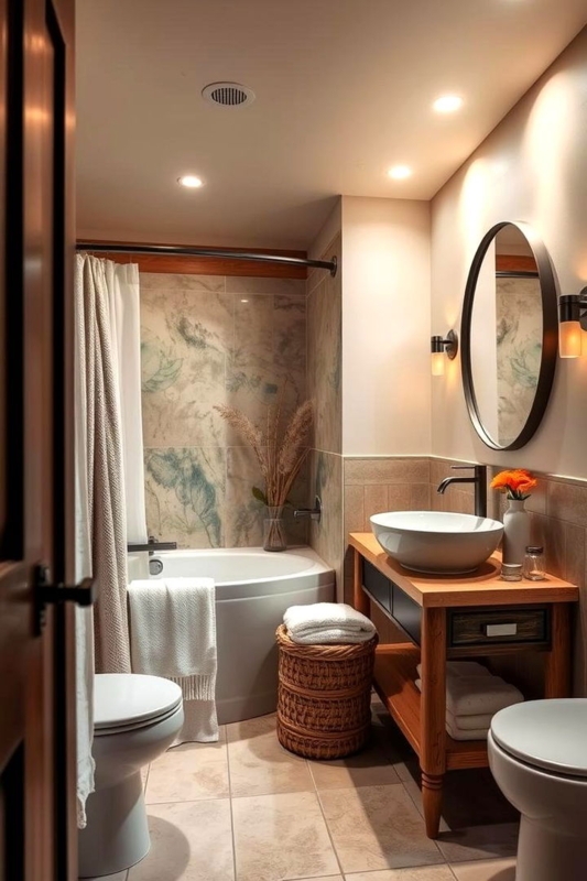 Wood Vanity, Vessel Sink, Corner Tub, Spa-Like Neutral Bathroom Design