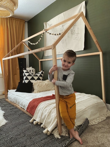 Wooden House Frame Toddler Bed with Olive Green Accent Wall