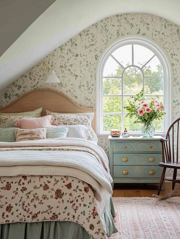 Wooden Panel Bed with Arched Window in Botanical Attic Bedroom