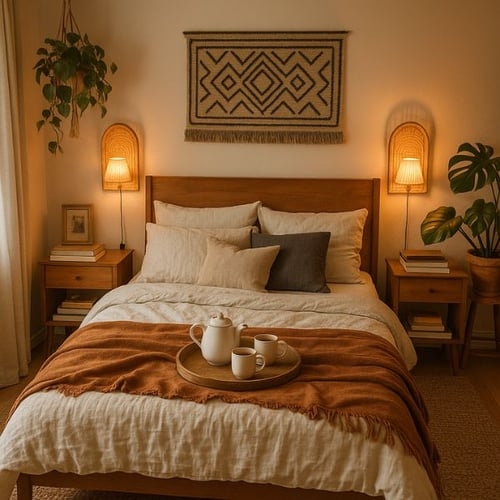 Wooden Platform Bed with Arched Woven Sconces & Rust Throw Blanket