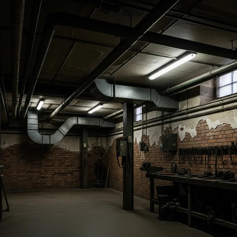 Workshop with Exposed HVAC Ducting in Basement and Brick Walls