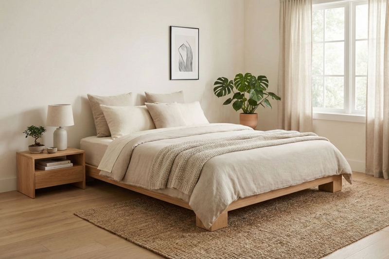 Woven Area Rug in Japandi Bedroom with Low Bed